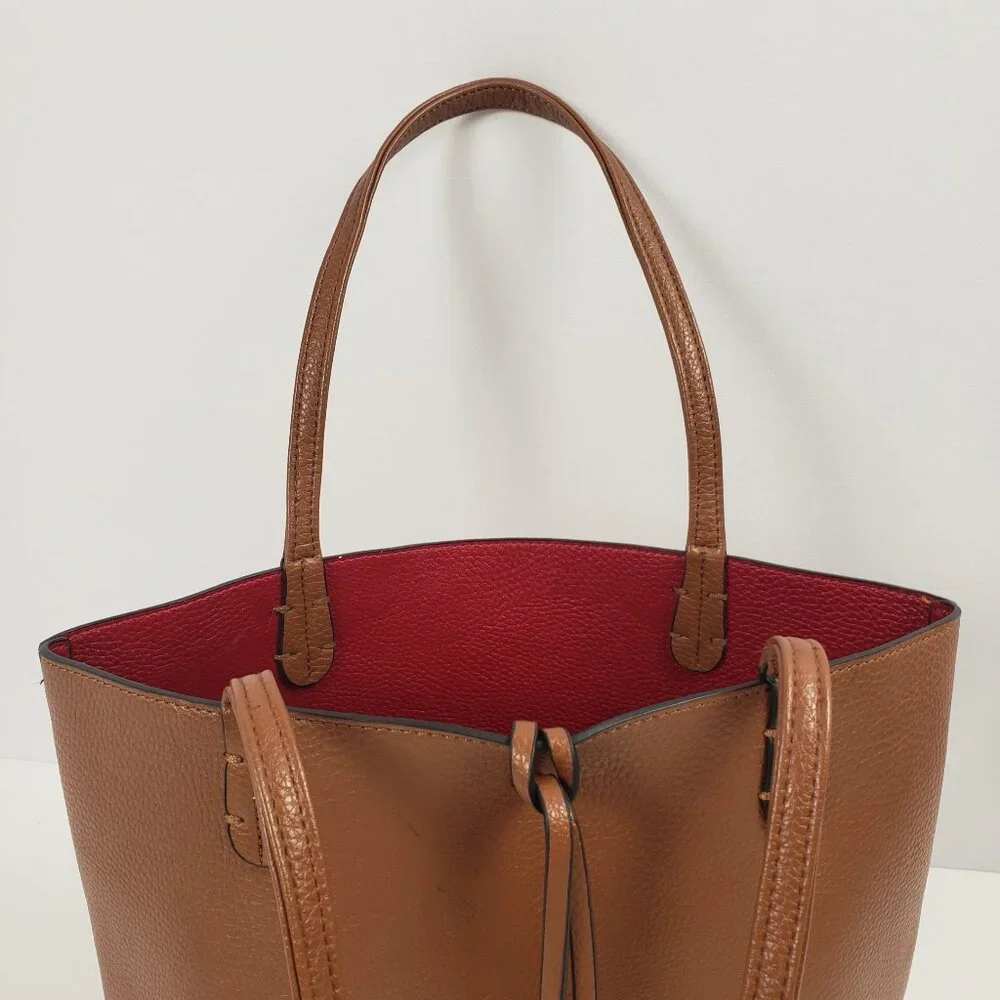 Kris Ana Reversible Handbag Camel Tan Red Key Ring Tote Bucket Purse